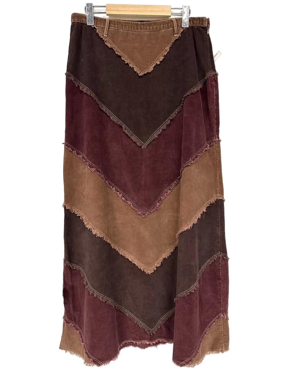 Corduroy Chevron Patchwork Maxi Skirt Armor Jeans Brown Tan Wine Boho Raw Hem